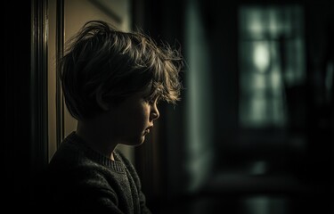 A boy sitting in a dark room at home, crying from the side.