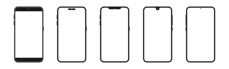 Collection of vector phones with blank white screens isolated on white background.