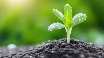 Young sprout emerging from soil, glistening with dew drops