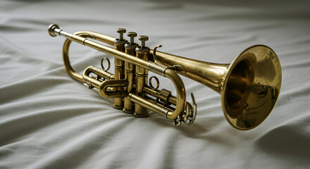 Obraz premium a vintage trumpet placed on a white sheet with soft shadows