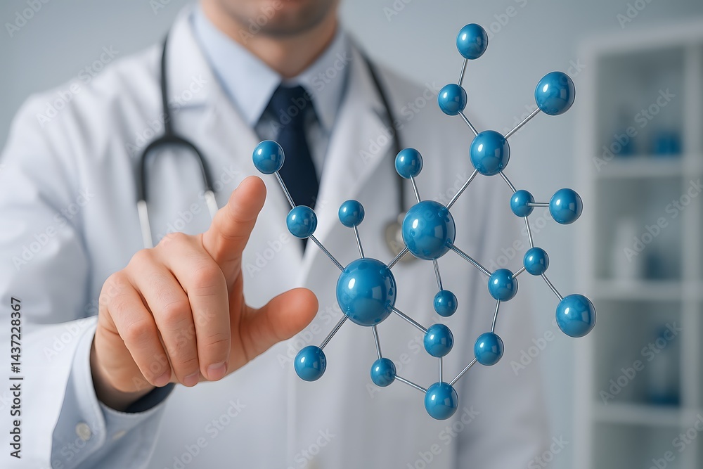 Poster Laboratory professional demonstrating molecular structure with model