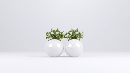Two white spherical planters with small plants