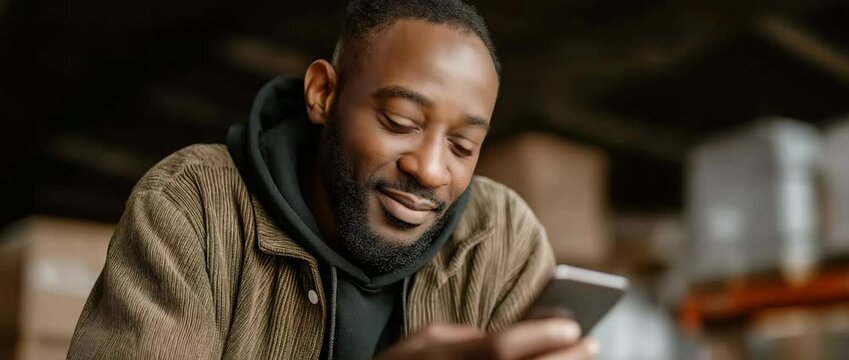 An interracial warehouse worker is seen grinning while using a cellphone to type internet communications while seated in storage.