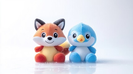 Obraz premium Plush Fox and Bird Toys Soft Pastel Style High-Resolution Studio Lighting Full Shot Close-Up View Adorable Animal Friends White Background Gentle Calming Tones Perfect for Baby Product Ads