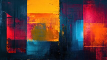 Digital tech-inspired abstract geometry with a smooth gradient of dark red and blue, accented by neon blue and yellow streaks.