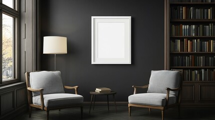Dark Study Room Interior with Blank Poster and Armchairs