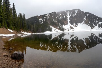Serene mountain lake reflecting snowy peaks  Clear, calm water mirrors the misty mountain range  Patches of snow remain on the peaks and shoreline Lush forest borders the tranquil water