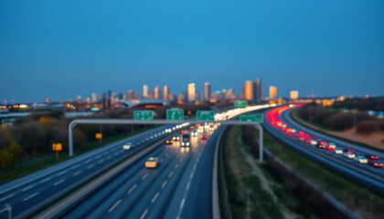 Traffic Moving on Highway with City Skyline at Twilight in Background