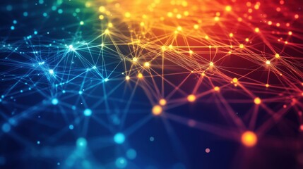 Fototapeta premium Technology-inspired abstract background with interconnected neon blue and yellow lines, overlaying a deep red and dark blue gradient.