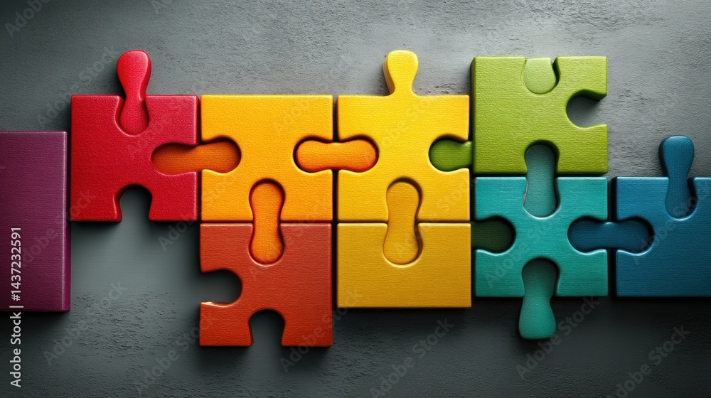 Poster Colorful Puzzle Pieces on a Gray Surface Symbolize Teamwork and Collaboration in Problem-Solving Activities During a Brainstorming Session