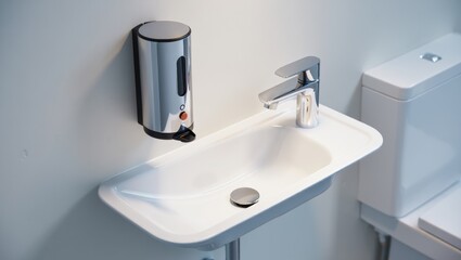 Modern Bathroom Setup Featuring a Sleek Sink and Dispenser in a Contemporary Space with Clean Lines and Minimalist Design Elements