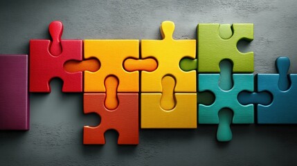 Fototapeta premium Colorful Puzzle Pieces on a Gray Surface Symbolize Teamwork and Collaboration in Problem-Solving Activities During a Brainstorming Session