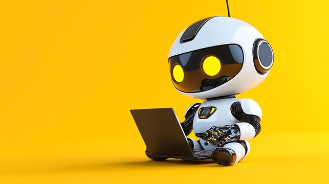 Cute futuristic robot using a laptop on vibrant yellow background, artificial intelligence and technology concept
