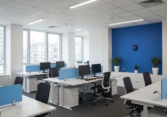 Bright office space with white desks computers and blue accents in a modern workplace design layout