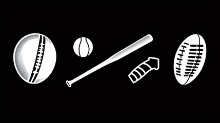 Cricket, baseball, bat, rugby ball; sports equipment graphic