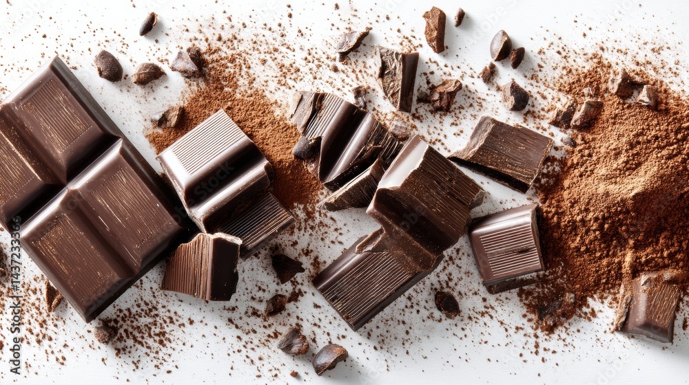Poster Broken Chocolate Bar and Cocoa Powder Create a Tempting Flatlay on Bright White Surface