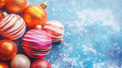 Obraz premium Brightly colored ornaments sit on a vibrant blue surface, creating a joyful atmosphere perfect for holiday decorations