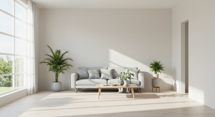 Naklejka premium A Bright and Airy Modern Living Room Featuring a Stylish Sofa, Elegant Coffee Table, and Lush Greenery in a Sunlit Space with Minimalist Decor