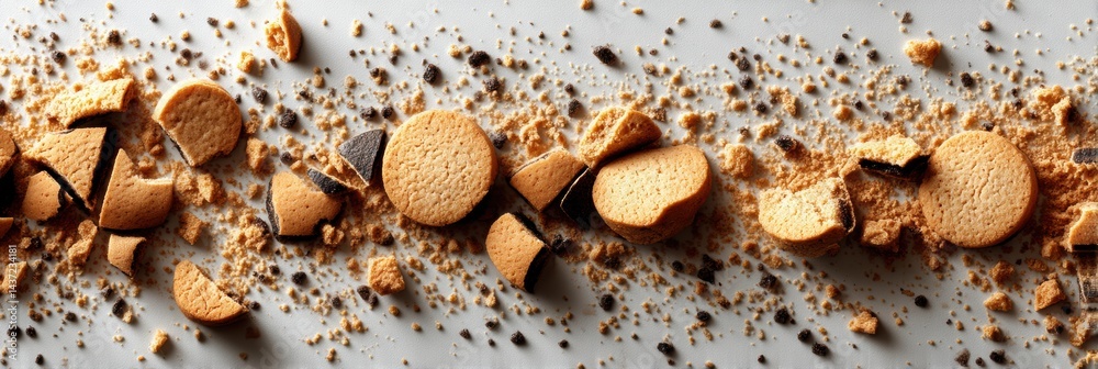 Poster Broken Cookies Scattered on a Flat Surface Create a Delightful Pattern of Crumbs for an Appetizing Snack Time Experience