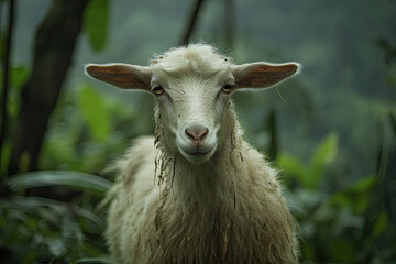 Obraz premium Shaggy White Sheep or Goat Portrait: Close-Up with Expressive Eyes in Nature - Wildlife Stock Photo