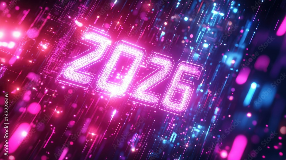 Fototapete vibrant neon background for a 2026 new year event, featuring illuminated bold 