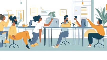 Diverse group of colleagues collaborating in a modern workspace.