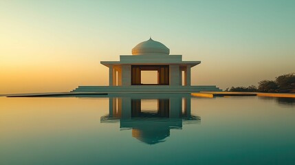 Domed pavilion reflected in tranquil water at sunset.