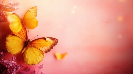 Two vivid yellow butterflies rest on blooming flowers, surrounded by a soft pink background in a tranquil setting