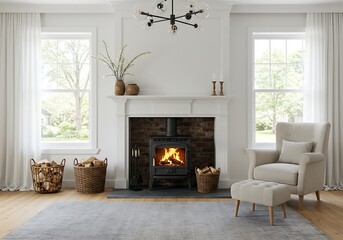 Fototapeta premium A living room with a fireplace armchair and baskets of wood creating a cozy and inviting space
