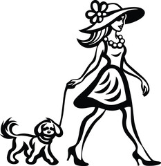 A cute woman walking a dog isolated line art vector illustration, woman walking a dog silhouette vector art