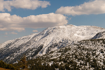Mountain landscape in Poland. Babia Gora peak covered in winter snow. Babia Góra National Park.