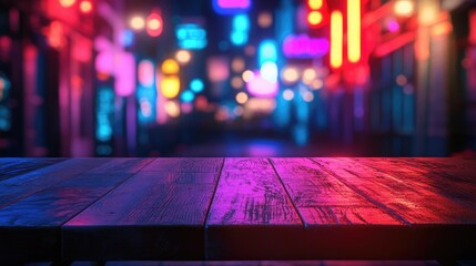 Intricate textures on a wooden table, framed by a hazy backdrop of colorful neon lights and a dark interior, evoking the stylish atmosphere of contemporary nightlife
