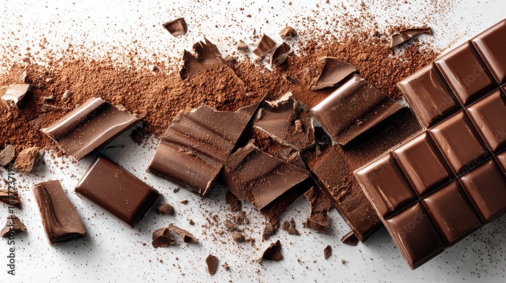 Poster Broken Chocolate Bar and Cocoa Powder Create an Indulgent Flatlay on a Bright White Surface