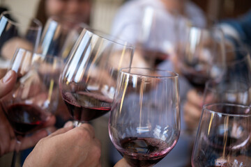 A group of people raise a toast with glasses of red wine