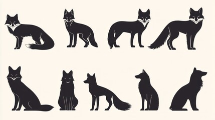 Fototapeta premium Eight fox silhouettes, various poses, wildlife illustrations, design elements