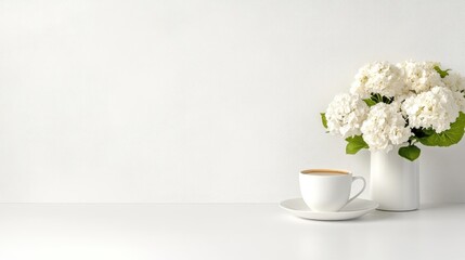 Simple white aesthetic with flowers and coffee