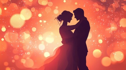 A romantic Valentine&rsquo;s card design with a dancing couple, soft light, and loving joy