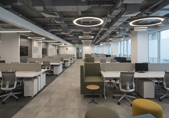 A modern office space with desks chairs and circular lighting fixtures in a clean environment