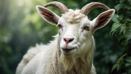 Fototapeta premium Close-Up Portrait of White Goat at Sunset in Pasture