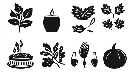 Autumn harvest icons; food, leaves, candle; design elements