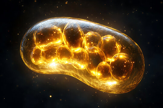 Chloroplasts inside plant cells golden microscopic structure scientific study close up with sparkling lights dark background intricate detail