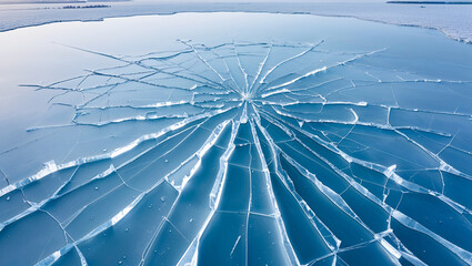 Stunning aerial view of a frozen lake with ice cracked in a beautiful radial pattern.