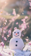 Miniature snowman, blossoms, snow, springtime scene.