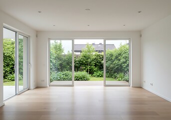 Obraz premium Bright room with sliding glass doors leading to a lush green garden and wooden flooring inside view