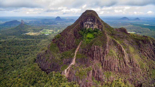Aerial image of Mount Beerwah and other Glasshouse Mountains on the Sunshine Coast, QLD