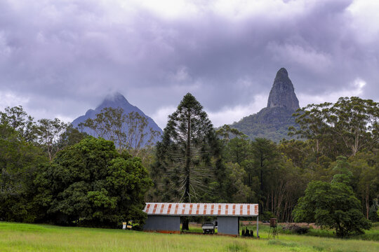 A farm shed below the Glass House Mountains on the Sunshine Coast, Queensland.