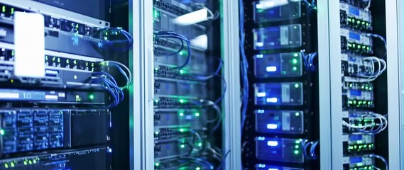 Anamorphic video Digital information flows through the network and data servers behind glass panels in the server room of data center or Internet service provider - Powered by Adobe