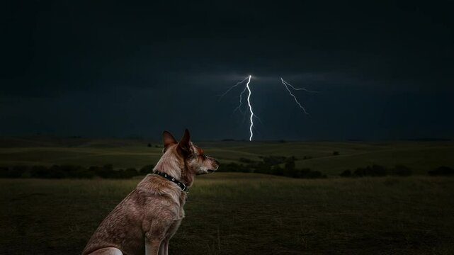 A dog gazes at a stormy sky with lightning strikes, set against a vast green landscape - queen heeler