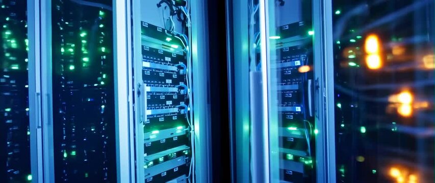 Anamorphic video Digital information flows through the network and data servers behind glass panels in the server room of data center or Internet service provider - Powered by Adobe