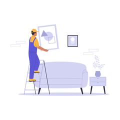Illustration of a Home Repairman Fixing an Air Conditioner with Toolbox. Illustration for websites, landing pages, mobile apps, posters and banners